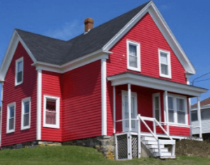ツーバイフォー住宅赤い外壁ラップサイディングの家の画像